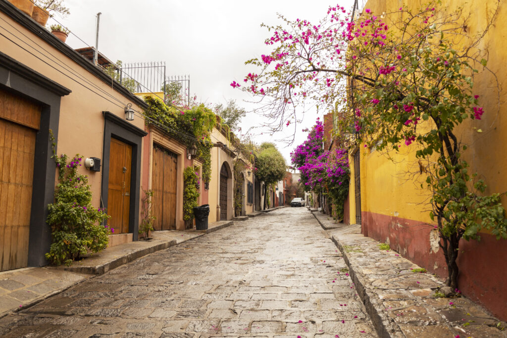 vista a una de las calles tradicionales de Atlixco, Puebla. Donde se pueden observar inmuebles ideales para agregarlos en tu descripción al rentar tu departamento en Atlixco.